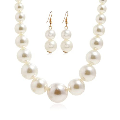 Fuqimanman2020 Chunky Large Simulated Pearl Choker Necklace Drop Dangle Earrings Crystal Bib Big Round Beaded Strand Multicolor Costume Statement Wedding Jewelry Set for Women Brides - color: Beige