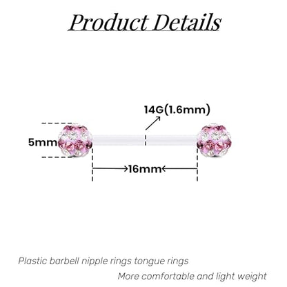 FECTAS Plastic Nipple Rings Tongue Piercing Retainer Barbell 14g for Women Surgery 12/14/16/18mm - style: E-12pcs-16MM
