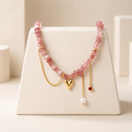 Pink Natural Stone Heart Pendant Necklace for Women, 18K Gold Stainless Steel Beaded Choker Necklace, Romantic Layered Jewelry