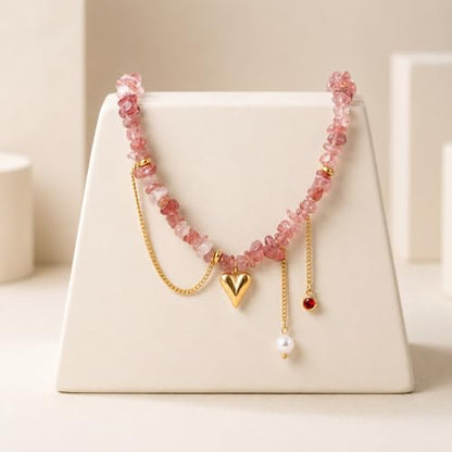 Pink Natural Stone Heart Pendant Necklace for Women, 18K Gold Stainless Steel Beaded Choker Necklace, Romantic Layered Jewelry
