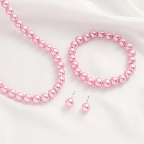 FORUBUS Imitation Pearl Jewelry Set for Women, 8mm Pearl Bead Necklace Earrings and Bracelet 3-Piece Set, 18" Round Faux Pearl Strand for Wedding, Bridal, Prom - color: Pink
