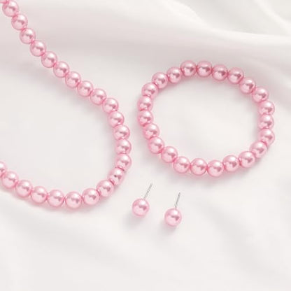 FORUBUS Imitation Pearl Jewelry Set for Women, 8mm Pearl Bead Necklace Earrings and Bracelet 3-Piece Set, 18" Round Faux Pearl Strand for Wedding, Bridal, Prom - color: Pink