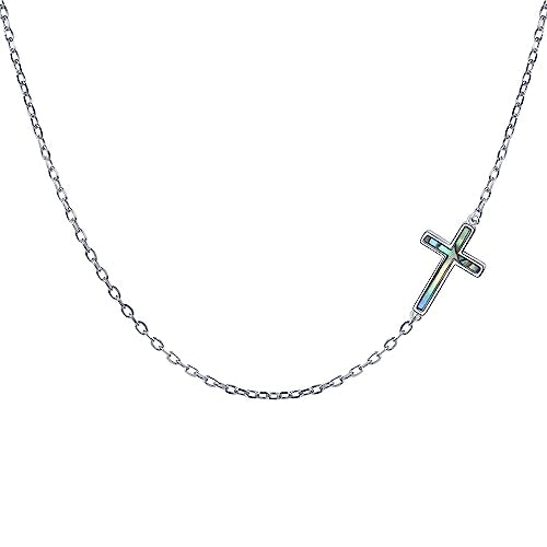 DAOCHONG S925 Sterling Silver Sideways Cross Choker Necklace 14+4 Inch | Adjustable Short Chain Elegant Accessory for Women Minimalist Faith Daily Stacking Jewelry Gift for Her - color: Silver-Abalone Shell