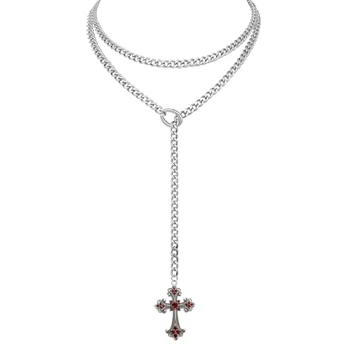 Double Layered Slip Chain Necklace with Vintage Rhinestones Cross Pendant, Adjustable Punk Gothic Baroque Lariat Cuban Y-Necklaces - color: Sliver Chains & Burgundy Stones
