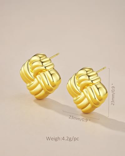 SNGIA 18K Gold Plated Chunky Statement Stud Earrings for Women by SNGIA, Geometric Square Triangle Irregular Knot Dome Earrings, Ribbed Ribbon Textured Gold Silver Fashion Jewelry Gift - style: 18K Gold Plated, Square