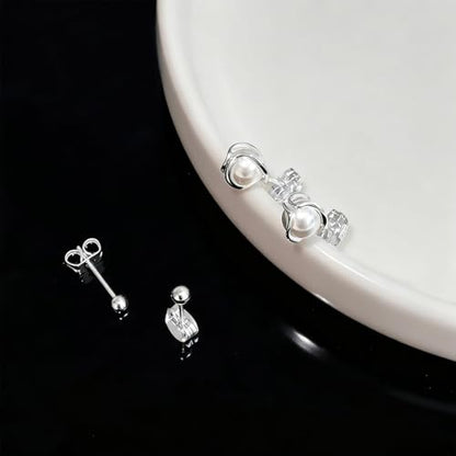 IMBOS Pearl Earrings 14k Gold Plated Daisy Flower Stud Earrings for Women Ball Stud Flat Back Earring Hypoallergenic Statement Earring Trendy Jewelry Gift for Women - color: Silver-Caged Pearl Ball