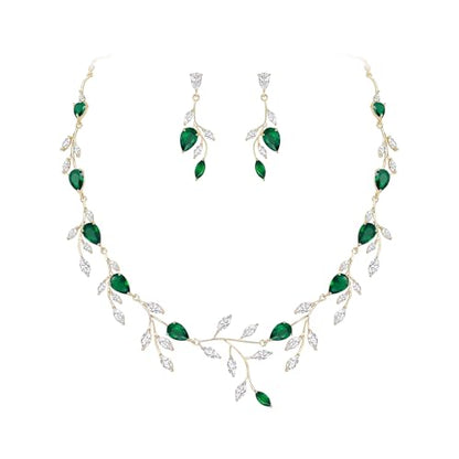 Cubic Zirconia Leaf Vine Wedding Jewelry Set for Bride Women Bridesmaid | Pear-Shaped Birthstone, Necklace Dangle Earrings for Bridesmaid, Silver-Plated-Brass - color: 2pcs_Green Gold-Plated-Brass
