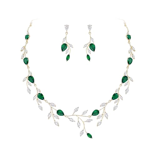 Cubic Zirconia Leaf Vine Wedding Jewelry Set for Bride Women Bridesmaid | Pear-Shaped Birthstone, Necklace Dangle Earrings for Bridesmaid, Silver-Plated-Brass - color: 2pcs_Green Gold-Plated-Brass