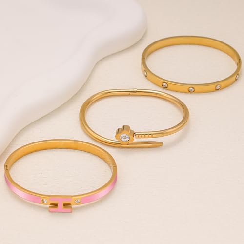 3Pcs Gold Bracelets for Women 14K Gold Plated Love/H/Nail Bangle Bracelet Dainty Non Tarnish Bracelet Jewelry Christmas Mothers Day Gifts for Women - color: 3Pcs Gold/Pink H bracelet