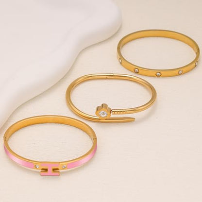 3Pcs Gold Bracelets for Women 14K Gold Plated Love/H/Nail Bangle Bracelet Dainty Non Tarnish Bracelet Jewelry Christmas Mothers Day Gifts for Women - color: 3Pcs Gold/Pink H bracelet