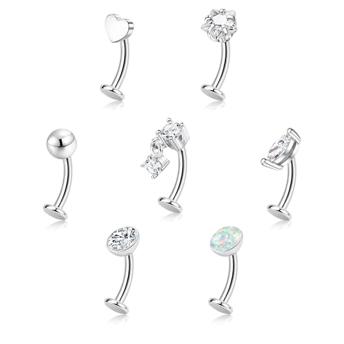ORAZIO 7 Pcs Belly Button Ring Surgical Steel Hypoallergenic Floating Belly Button Rings for Women Flat Back CZ Opal Internally Threaded Long Bar Navel Piercing Jewelry 14G Gold Silver Tone - color: Silver Tone, size: 8mm
