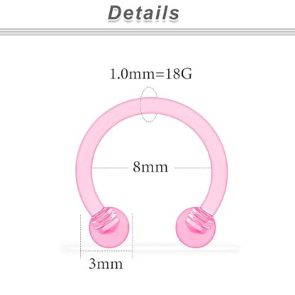 18G 16G 14G Plastic Septum Rings Flexible Lip Rings Hoops Septum Nose Rings Smiley Piercings Acrylic Horseshoes Cartilage Helix Rook Daith Earrings Piercing Retainer for Work 8mm 10mm 12mm - color: 18G-Dia:8mm