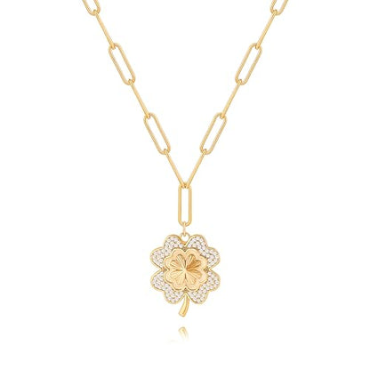 18k Gold Plated Chain Link Necklace for Women, Baroque Pearl/Compass Pendant Necklace - color: Clover