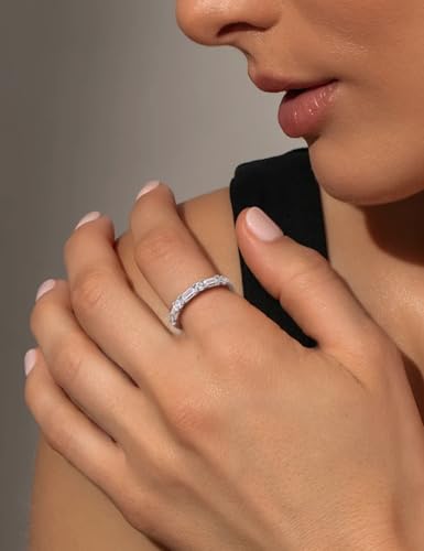 3.5mm Half Eternity Band Sterling Silver Rings for Women Sapphire/Ruby/Emerald and Cz Wedding Bands 7 Stone Stackable Birthstone Ring Anniversary Jewelry Size 6-10 - color: 04-CZ-Apr.
