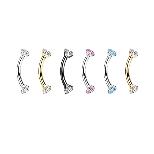 Pierced Owl - 16GA G23 Implant Grade Titanium Internally Threaded Prong Set CZ Crystal Ends Cartilage Helix Daith Rook Eyebrow Curved Barbell - color: Silver Tone / Aqua