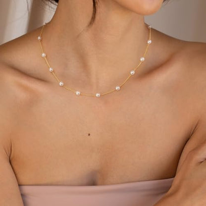 Dainty Pearl Pendant Necklaces for Women 14K Gold Plated Handmade Layered Pearl Chain Necklace Delicate Layered Pearl Necklace Everyday Jewelry Gift - color: Satellite Pearl-Gold