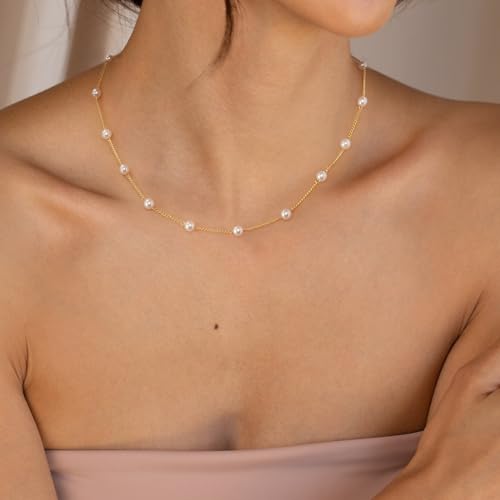 Dainty Pearl Pendant Necklaces for Women 14K Gold Plated Handmade Layered Pearl Chain Necklace Delicate Layered Pearl Necklace Everyday Jewelry Gift - color: Satellite Pearl-Gold