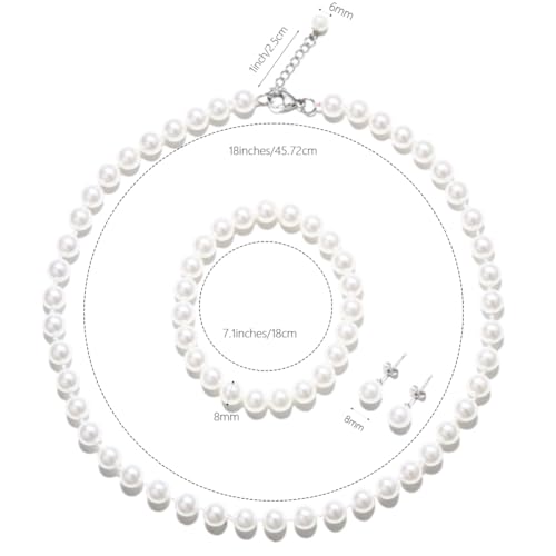 White 8mm Faux Hand Knotted Glass Imitation Pearls Necklace Earring Jewelry 3 Set for Women and Girls - style: 18inches