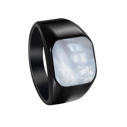 PAURO Men's Stainless Steel Minimalist Square Shell Stone Crystal Signet Ring Plated Glossy Wedding Band - color: Black