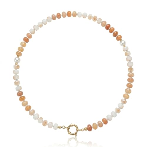 BELLA-Bee Natural Stone Beaded Choker, Multi Color Boho Jewelry Gift | Small bead natural stone choker with stainless steel ring clasp — multicolor stone, handmade healing jewelry for vacation - color: Brown