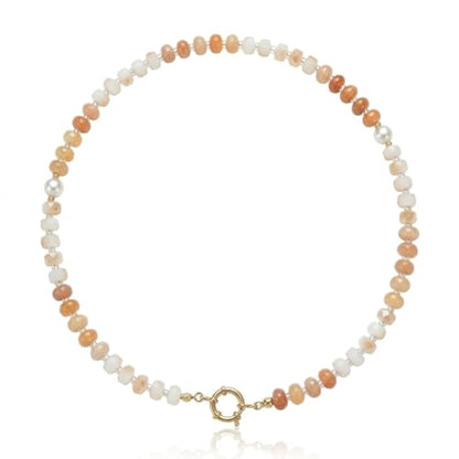 BELLA-Bee Natural Stone Beaded Choker, Multi Color Boho Jewelry Gift | Small bead natural stone choker with stainless steel ring clasp — multicolor stone, handmade healing jewelry for vacation - color: Brown