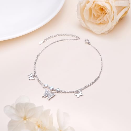 Anklets for Women 925 Sterling Silver Blue Evil Eye Infinity Butterfly Adjustable Multilayer Layered Summer Beach Ankle Bracelet Foot Chain Jewelry for Women - style: Butterfly