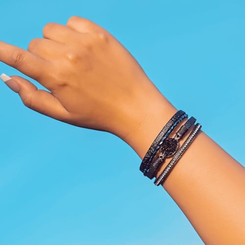 Boho Chunky Leather Wrap Bracelets Stackable Beaded Western Country Jewelry | Crystal Bead Trendy Layered Cuff Magnetic Clasp Stack Bohemian Statement Costume Outfits Cowgirl Fashion Hippie Accessories - color: Black, size: 7.7"