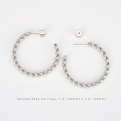 RENAIZ Bold Statement Hoop & Stud Earrings for Women – 14K Gold & Rhodium Plated Maximalist Jewelry, Chunky Geometric Boho Earrings, Hypoallergenic Non-Tarnish Trendy Gift - color: White Gold, style: Twisted Rope