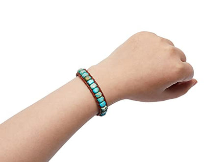 7 Chakra Bracelet Bohemian Handmade Leather Wrap Healing Protection Natural Stone Yoga Beaded Bracelets Boho Friendship Jewelry - color: Lake Blue Turquoise