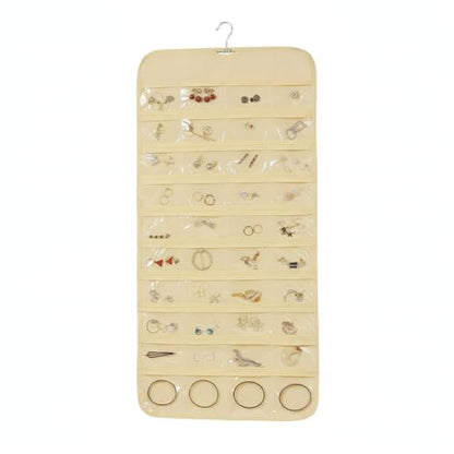 Hanging Jewelry Organizer, Vertical Closet Storage with Clear Pockets for Necklaces and Earrings, Polyester Roll-Up Bag (1 PC) - color: Beige