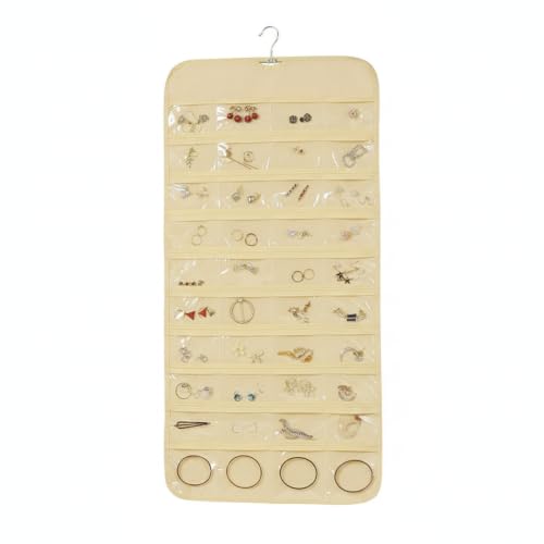 Hanging Jewelry Organizer, Vertical Closet Storage with Clear Pockets for Necklaces and Earrings, Polyester Roll-Up Bag (1 PC) - color: Beige
