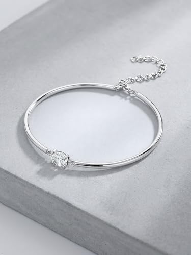 Moissanite/Sapphire/Ruby/Emerald Cuff Bracelet 1 Carat Oval Cut Center Stone Inlaid 925 Sterling Silver 14K Gold Plated Adjustable Birthstone Bangle for Women fit Wrist 5-7.5 Inch - color: Moissanite Silver