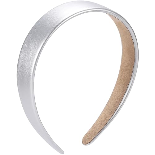 WantGor 1 Inch PU Leather Headband, Wide Padded Hairband Fashion Hair Bands | Cute Womens Headbands Holiday DIY Hair Accessories (Silver) - color: Silver
