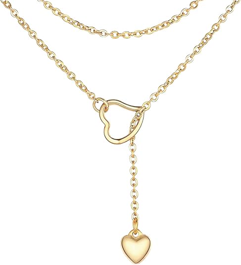 FOCALOOK Heart Lariat Necklaces for Women, Long Slip Chain Necklace | Hypoallergenic 316L Stainless Steel Silver/Black/Gold Plated, Front Slider Closure, Non Tarnish, Layered look, Everyday Wear - color: 03:Gold Heart