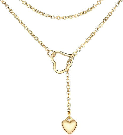 FOCALOOK Heart Lariat Necklaces for Women, Long Slip Chain Necklace | Hypoallergenic 316L Stainless Steel Silver/Black/Gold Plated, Front Slider Closure, Non Tarnish, Layered look, Everyday Wear - color: 03:Gold Heart