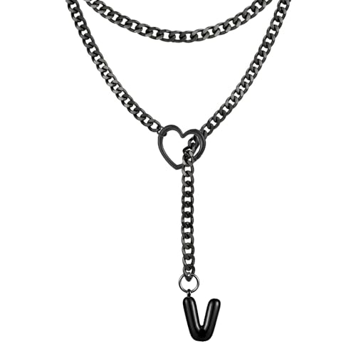 Black Heart Slip Chain Initial Necklaces for Women, Stainless Steel Wrap Choker Necklace, Gothic O-Ring Adjustable Lariat Y Necklaces, Punk Cuban Collar Choker Necklace, Halloween Jewelry Gift - color: Black V