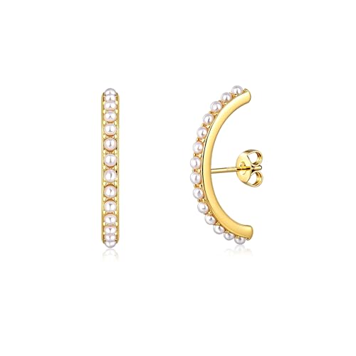 CZ Suspender Cuff Stud Earrings Wrap Earlobe Silver Post Cubic Zirconia Minimalist Jewelry for Women - color: Gold Full Pearl