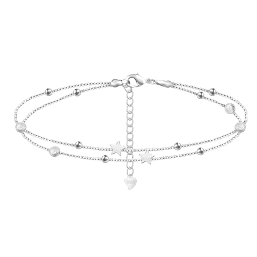 Silver Ankle Bracelets for Women, Butterfly/Stars Cute Charm Anklet, 14K Gold Plated Layered Chain Anklets for Women Teen Girls - style: Star