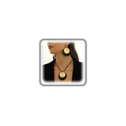 Gold Disc Pendant Necklace Earrings Set Leather Cord Black Circle Statement Necklaces Geometric Textured Medallion Jewelry For Women Party Fashion - color: Gold1