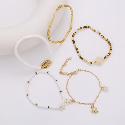 Beaded Anklet Bracelets For Women Waterproof Gold Anklets Jewelry Set Stack | non tarnish free pearl puka seashell beach boho stretchy anklet for summer dainty and tewiky gold plated - color: Golden Turtle