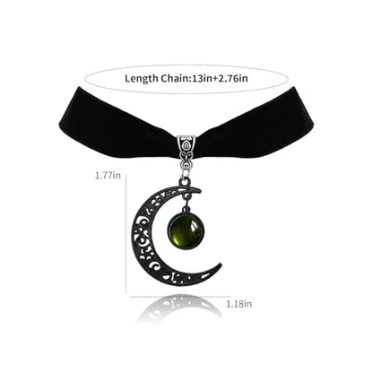 Gothic Black Velvet Goth Choker Necklace for Women,Cameo Black Choker Crow Skull Pendant Necklace Vintage Collar Skull Necklace Gothic Jewelry - style: Green moon