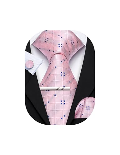 YOHOWA Men Plaid/Striped Ties Clip Set Silk Necktie Pocket Square Cufflinks | Woven Classic,Formal/Casual Mens Tie,Pocket Square Cufflinks Set,Luxury,Business,Wedding,Party,Prom,Graduation - color: Blush Pink a