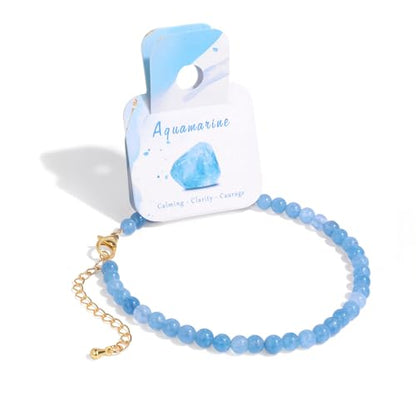 Natural Stone Beaded Anklets for Women, Handmade Boho Clear Quartz 4mm Crystal Beads Anklet, Gold Chain Adjustable Ankles Bracelet, Beach Summer Jewelry Gemstone Foot Bracelet Gift - color: Aquamarine