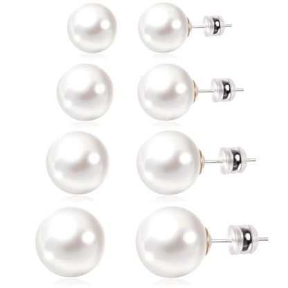 4 Pairs Pearl Stud Earrings Set for Women,925 Sterling Silver Hypoallergenic Earrings stud with Non-Slip Ear Backs,stud Round Large size Simulated pearl 6mm-12mm