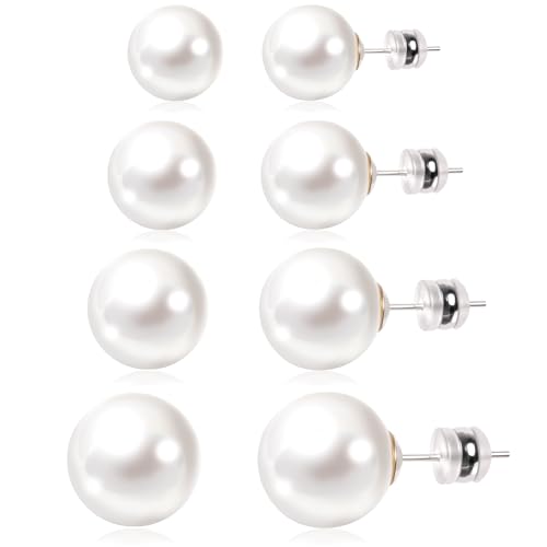 4 Pairs Pearl Stud Earrings Set for Women,925 Sterling Silver Hypoallergenic Earrings stud with Non-Slip Ear Backs,stud Round Large size Simulated pearl 6mm-12mm