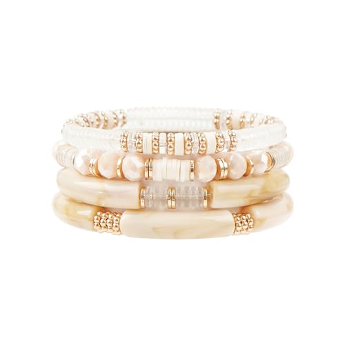 LALAPPLE Gold Plated Beaded Acrylic Bamboo Tube Bangle Bracelets for Women, Colorful Chunky Curved Tube With Gold Plated Pieces Beads Stretch Bracelet Friendship Summer Beach Jewelry - color: X-Beige Set