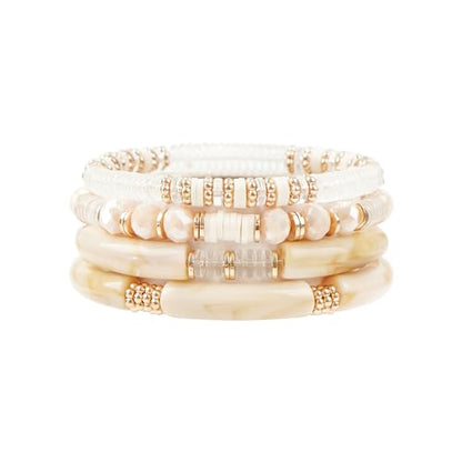 LALAPPLE Gold Plated Beaded Acrylic Bamboo Tube Bangle Bracelets for Women, Colorful Chunky Curved Tube With Gold Plated Pieces Beads Stretch Bracelet Friendship Summer Beach Jewelry - color: X-Beige Set