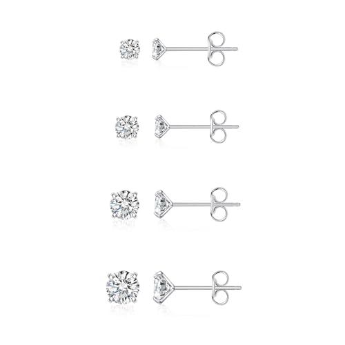 BMMYE 4 Pairs Silver Stud Earrings for Women Stainless Steel Ball Earrings | Small 14 Gold Plated Earrings Studs Set with Cubic Zirconia Waterproof Hypoallergenic Silver Ball Earring for Women - color: 4pair silver cz