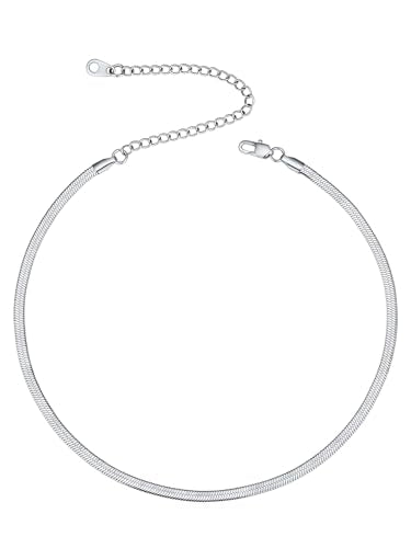 ChainsHouse Flat Snake Chain Herringbone Choker Necklace for Women, Stainless Steel/Rose Gold/18K Gold Plated Dainty Adjustable Simple Short Layered Necklaces, 12"/15"/18" with 3.5" Extender - color: a. stainless-3mm