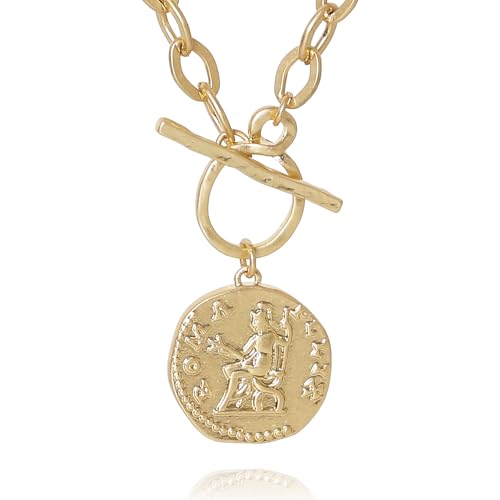MISS SECRET Chunky Gold Necklaces for Women Coin Statement Necklace Antique Silver and Gold Chain Thick Toggle Pendant Trendy Fashion Jewelry - style: Worn Gold & Sliver-M